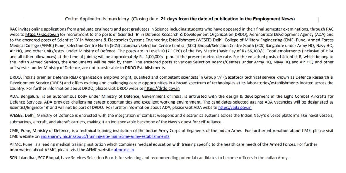 DRDO Scientist B Recruitment 2025 : 148 Posts Check Right Now